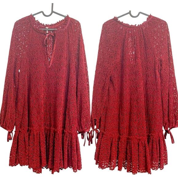 Free People Jenny Trapeze Swing Dress Crochet Lace Red - Picture 4 of 11